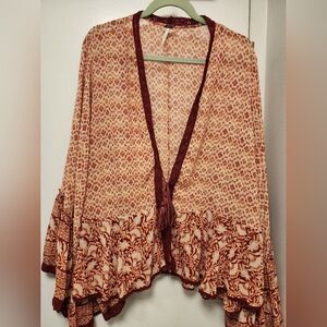 Free People Burgundy and Cream Floral Kimono